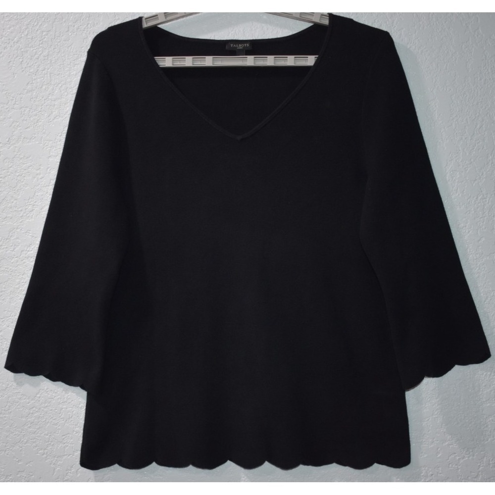 Talbots X Sweater Scallop Trim Solid Stretch VNeck Ribbed Elegant Black Pullover - Picture 11 of 16